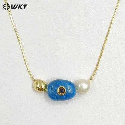 WT-N1541 Elegant Trendy Style Gold Electroplated Tiny Chain With Natural Gemstone And Pearl Pendant Necklace For Daily Wearing