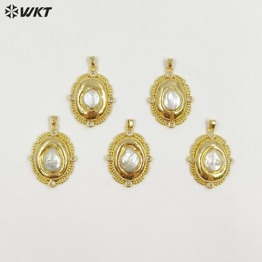 WT-JP455 Simple Design Back Full Gold Electroplated Natural Freshwater Pearl Round Pendants For Boutique Necklace Making