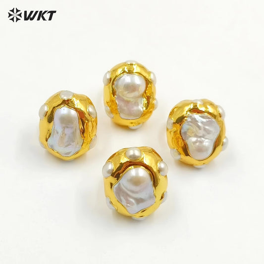 WT-MPR074 WKT Europe Gorgeous Natural Freshwater Baroque Keshi Pearl Women Anneversary Ring in 18K Real Gold Plated