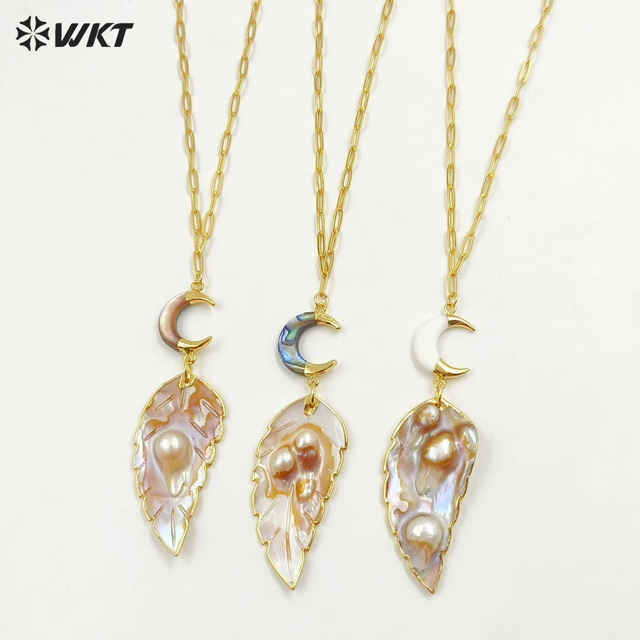 WT-JN308 New Design Fantastic 18K Gold Plated Moon Leaf Shaped Irregular Natural Shell Necklace for Women As Anniversary Gift