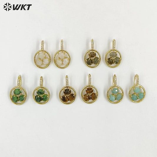 WT-E795 Delicate 18K Gold Plated Three Natural Gemstones With Zircon Hollow Round Earrings For Friend Birthday Gift Jewelry