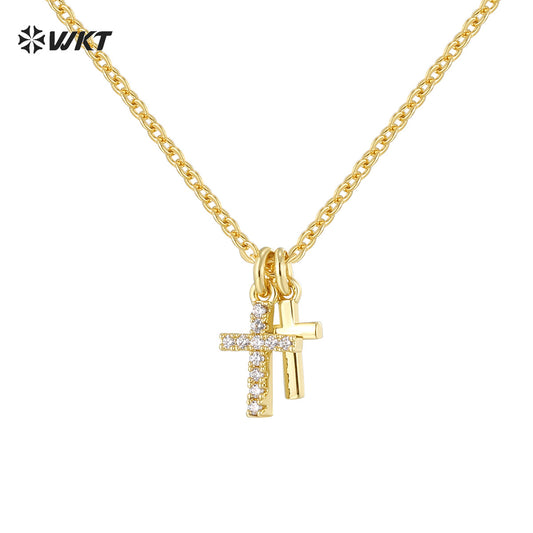 WT-MN998 Trendy Exquisite Double Cross Cubic Zircon Paved Pendant Collarbone Chain Necklace for Women Skirt Jewelry