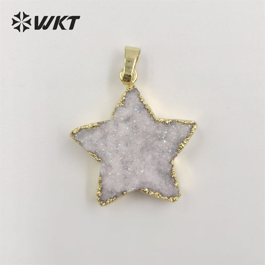 WT-P1828 Wholesale Fashion Gold Trim Natural Druzy Quartrz Stone Star Pendant with Aura Brightly Crystal Quartz Aura Star Stone