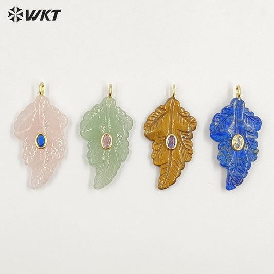 WT-P2094 High Quality Zircon Setting In Natural Gemstones Hand Carved Leaf Shape Pendants For Trendy Necklace Decorations