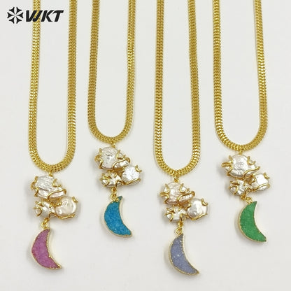 WT-JN399 Unique Design Gold Plated Natural Pearl Connect Moon Shape Stone Pendant Necklaces For Female Daily Decorative Jewelry