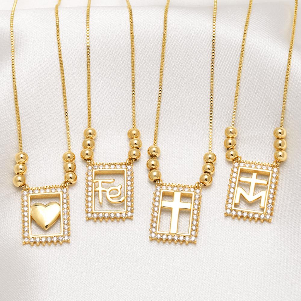 WT-JFN61 Wholesale Exquisite 18K Gold Plated Brass And Zircon Cross Heart Pattern Rectangle Pendant Necklace For Female Gifts