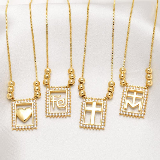 WT-JFN61 Wholesale Exquisite 18K Gold Plated Brass And Zircon Cross Heart Pattern Rectangle Pendant Necklace For Female Gifts