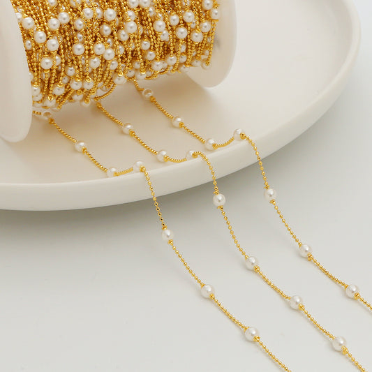 WT-RBC234 Newest 18K Gold Plated Tiny Round Ball White Artificial Pearl Beads Fashion Women Chain Jewelry Findings