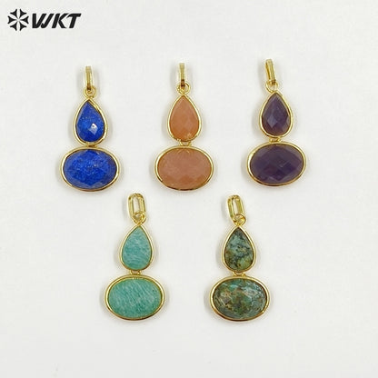 WT-P2128 Delicate 18K Gold Plated Various Natural Gemstones Gourd Shape Charms Pendants For Lady Necklace Making Decorative