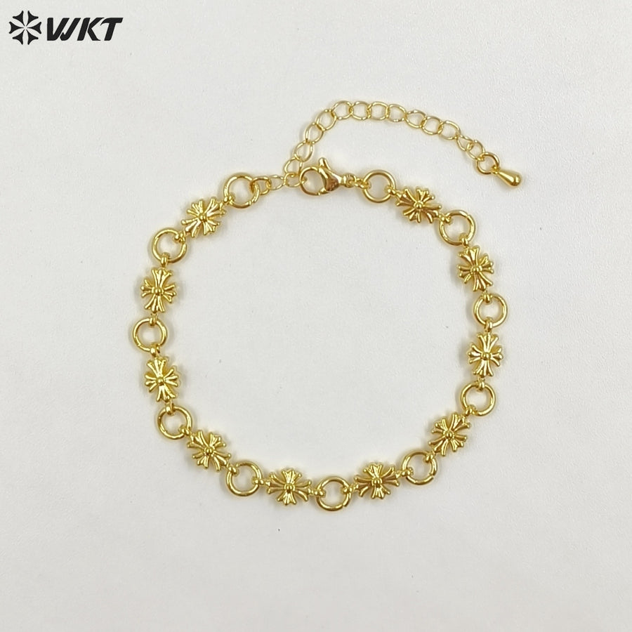WT-JF369 Newest Simple Fashion Design Gold Plated Round Cross Shape Yellow Brass Metal Bracelets For Female Daily Jewelry
