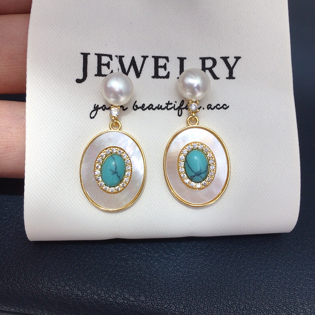 WT-MPE174 Wholesale Vintage Gold Plated Mother Of Pearl With Zircon And Natural Stone Women Earrings For Fashion Jewelry Gifts