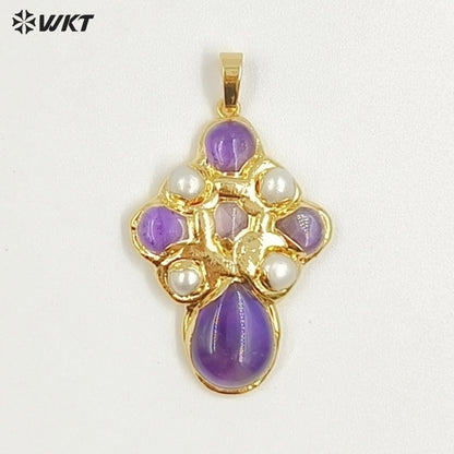 WT-JP384 Specially Designed Religious Unisexual 18K Gold Plated Cross Shaped Pearl and Turquoise Pendant As Daily Decoration