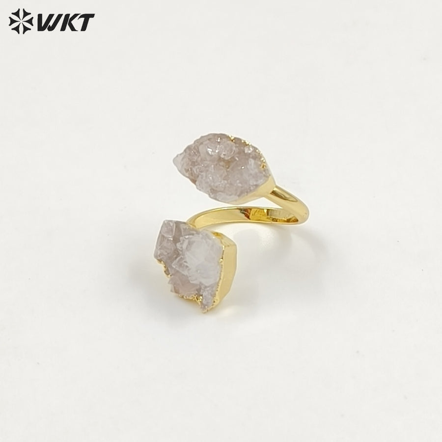 WT-R461 WKT New Material 18k Real Gold Plated Natural White Druzy Quartz Ring Women Fashion Trendy Energy Geode Agate Stone Ring