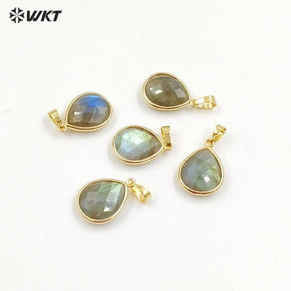 WT-P799 Faceted Teardrop Labradorite Pendant with Gold Electroplated Natual Colors Gold Pendant for Necklace Handmade Stone