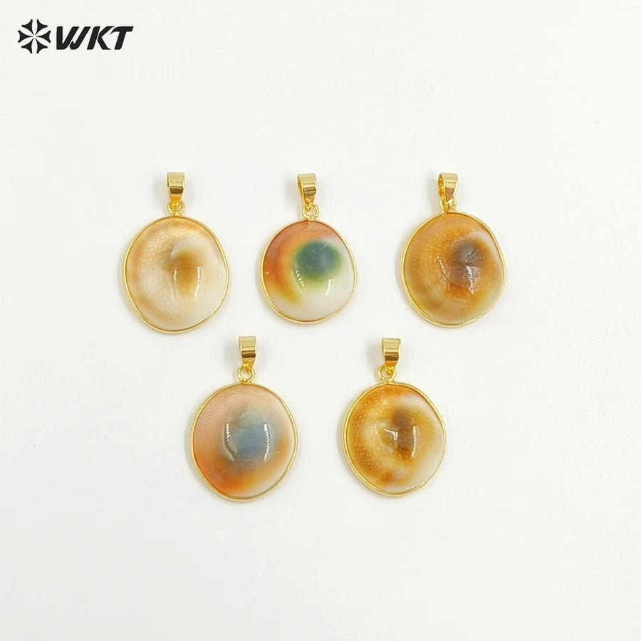 WT-JP409 High Quality Beautiful Small Round Sea Shell Veins Pendant With Gold Plated for Necklace Fashion Jewelry Handmade
