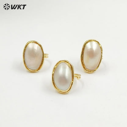 WT-MPR112 New Arrivals High Quality 18K Gold Plated Unisex Oval Adjustable Pink and White Large Mabe Shell Ring As Special Gift
