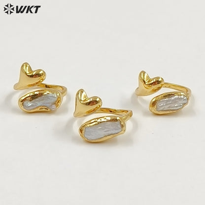 WT-MPR159 Exquisite Romantic Gold Plated Natural Freshwater Pearl Heart Shape Adjustable Size Women Rings As Birthday Gift