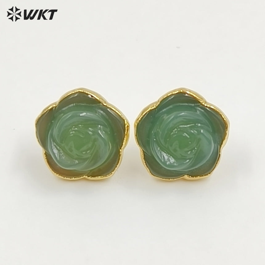 WT-E813 Exquisite Gold Plated Natural Gemstone Hand Carved Rose Flower Shape Little Earrings Studs For Lady Daily Jewelry