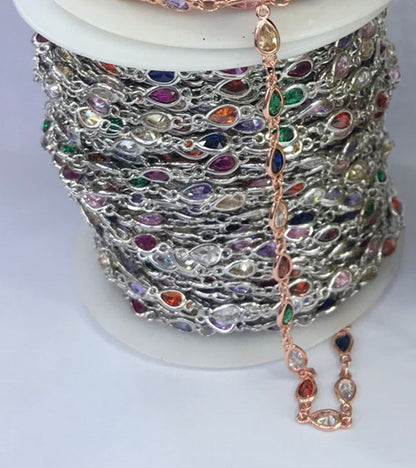 WT-BC131 Wholesale Water Drop Cubic Zircon Chain 18k Real Gold Plated Brass Chain Four Color Select Cubic Zircon Chain