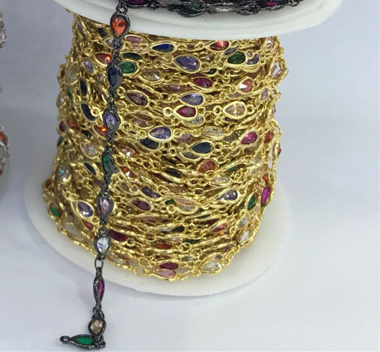 WT-BC131 Wholesale Water Drop Cubic Zircon Chain 18k Real Gold Plated Brass Chain Four Color Select Cubic Zircon Chain