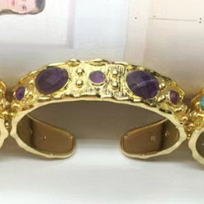 WT-B663 Delicate 18K Real Gold Plated Multi Natural Precious Stones in Bezel Setting Women Birthday Gift Gemstone Bangle