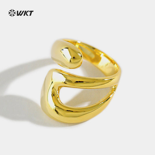 WT-RF012 Fashion Style Yellow Brass In 18K Gold Plated Irregular Cross Hollowing Open Design Women Rings For Daily Match