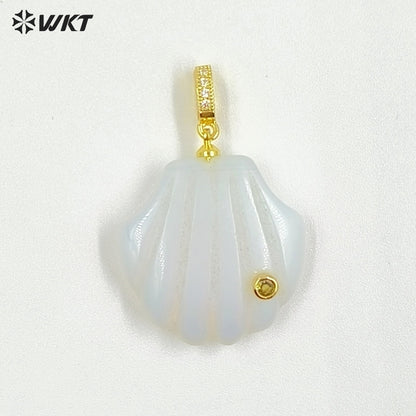 WT-P2097 Lovely Design Natural Gemstones And Colorful Zircon Hand Carved Shell Shape Little Pendants For Female Jewelry DIY