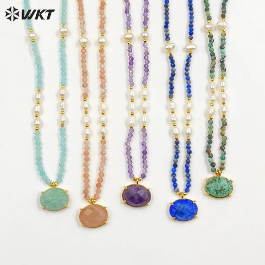 WT-N1445 WKT Best 2023 Newest Natural Gemstone and Pearl Women Simple Hoop Aura 16+2inch Stone Beads Necklace