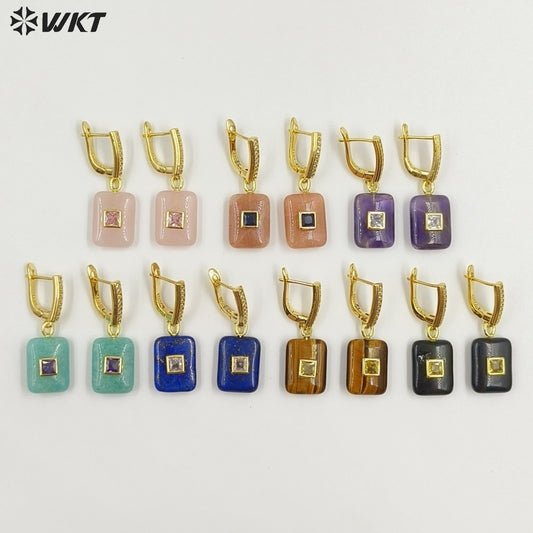 WT-E796 Top Quality Gold Plated Natural Multi Colors Gemstones With Zircon Rectangle Pendant Earrings For Lady Daily Wearing