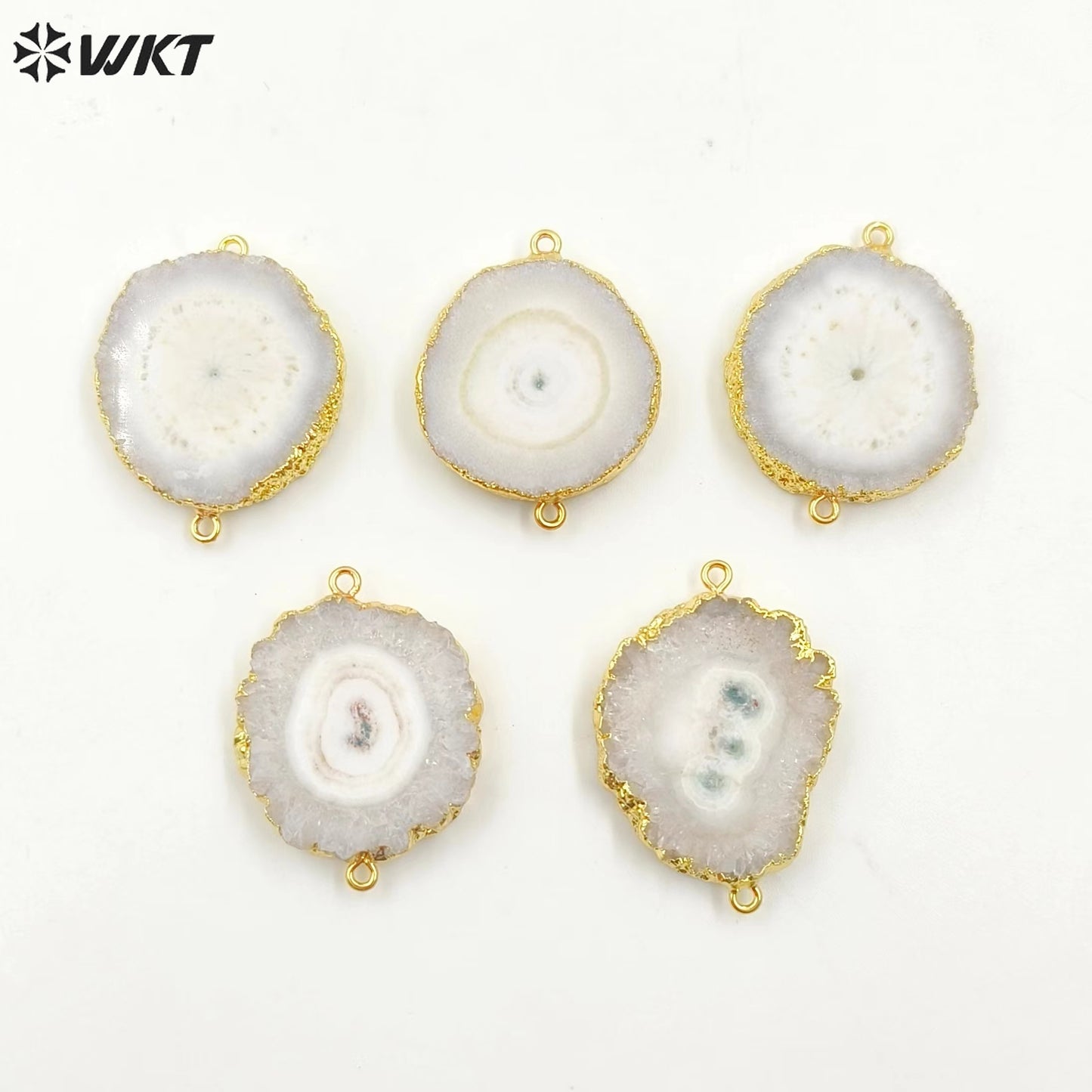 WT-C086 Wholesale Natural Solar Stalactite Pendant 18k Gold Plated Double Loops White Flower Stone Connectors for Jewelry Making