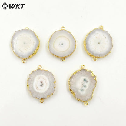 WT-C086 Wholesale Natural Solar Stalactite Pendant 18k Gold Plated Double Loops White Flower Stone Connectors for Jewelry Making