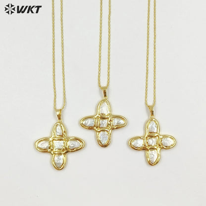 WT-JN340 Top Fashion Gold Plated Boutique Jewelry Five Natural Freshwater Pearls Cross Necklace As Women Anniversary Gift