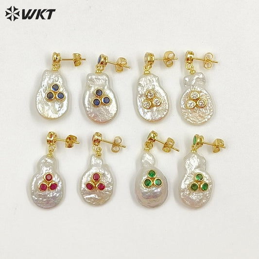 WT-MPE193 Luxury Vintage Colorful Cubic Zircon And Natural Pearl Gold Earrings As Female Friends Birthday Jewelry Gifts
