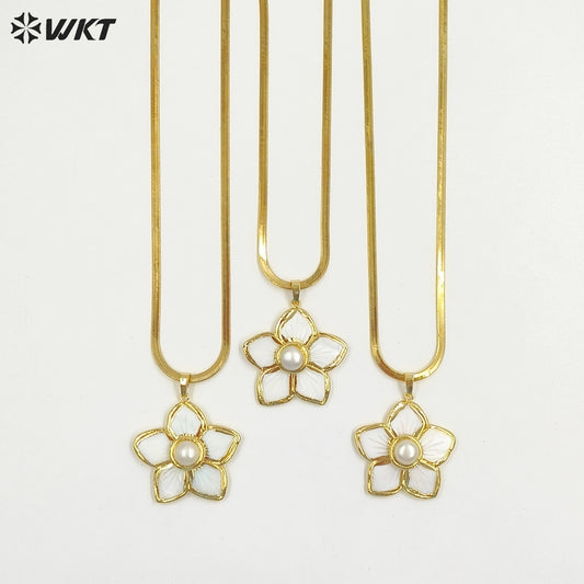WT-JN326 Wholesale Romantic Necklace Gold Plated Flower Shape Pendant with Shell and Pearl Jewelry Gift for Ladies Party