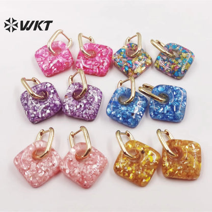 WT-MPE073 European and American Earrings Cute Small Shell Enamel Earrings Colorful square Pendant 18k Gold-plated Earrings