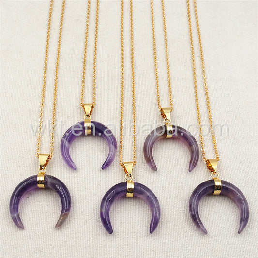 WT-N851 All-match Amethyst Horn Necklace ,Women Stone Horn Necklace & Pendant Purple Amethyst with Gold Chain Horn Necklace