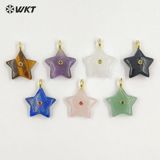 WT-P2099 Trendy Interesting Design Zircon And Natural Gemstones Star Shape Gold Charm Pendants For Lovely Necklace DIY Making