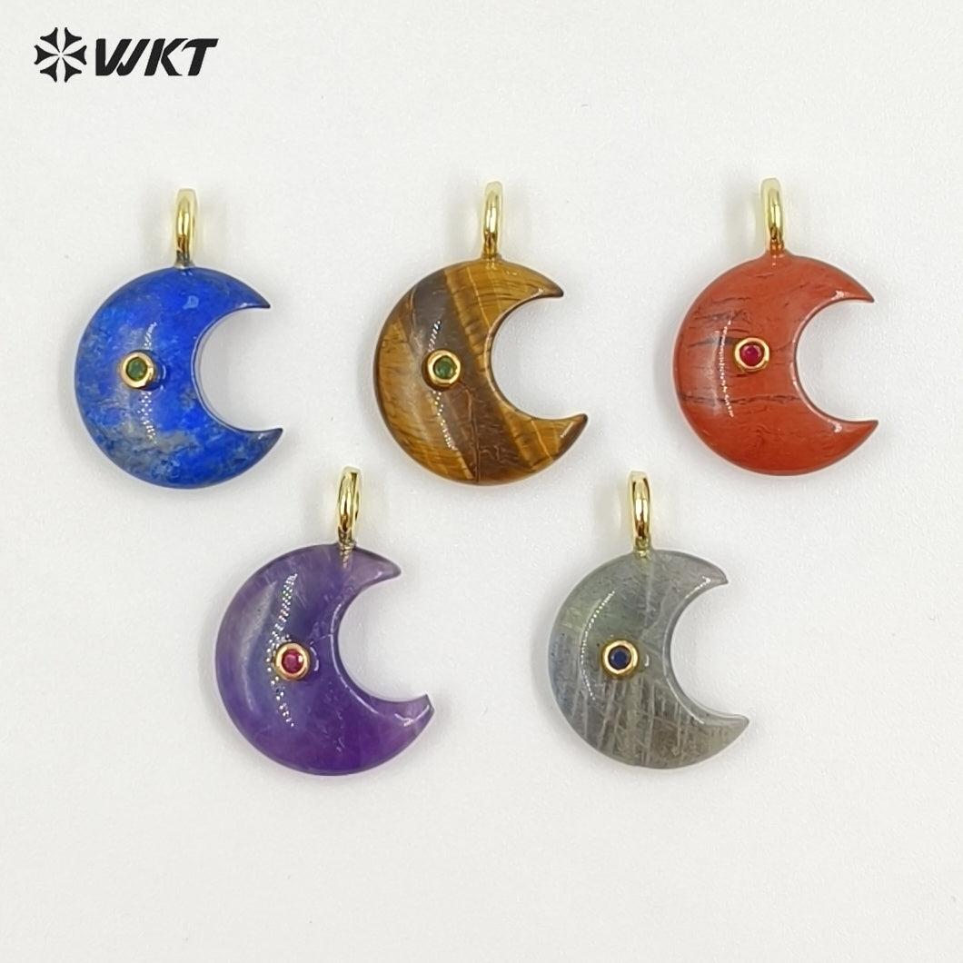 WT-P2098 Good Quality Zircon And Multiple Natural Gemstones Moon Shape Pendants As Female Handmade Earrings Accessories