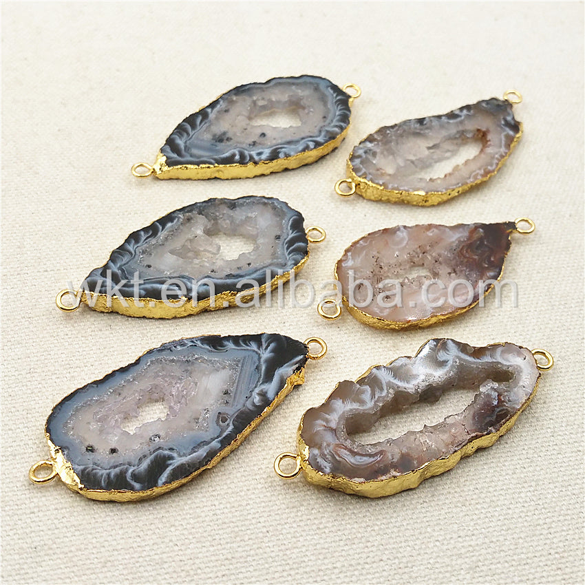 WT-C174 Unique Natural Druzy Geode Agate Connector,High Quality 24k Real Gold Plated Edge Randomly Agate Connector for Necklace