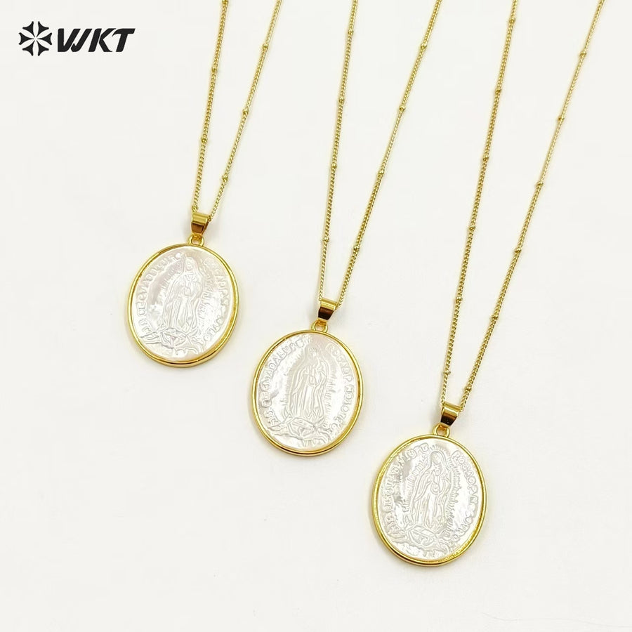 WT-JN022 Hot Sale Wholesale Religion Style Natural Shell Necklace Virgin Mary Pendant with Gold Color Plated Oval Shape Pendant