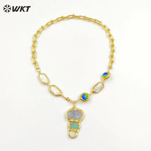 WT-JN257 WKT New Exclusive Design 19 Inch Long Handmade Chain Assemble With Beads Pearl Druzy Agate Pendant Women Necklace