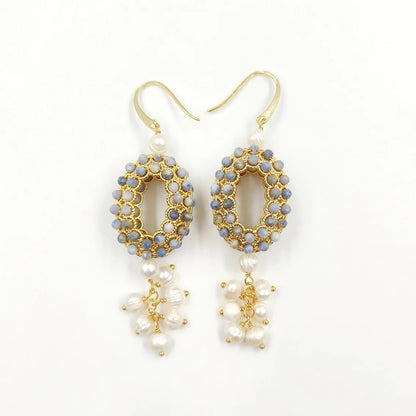 WT-MPE108 Latest Style Regular Natural Pearl and Stone 18k Gold Plated Oval Shaped 81*20mm Romantic Pendant Earrings