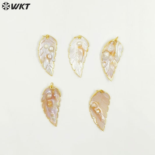 WT-JP074 Random Size Pearls Dainty Crave With Gold Bezel for Pendant Unique Design Natural Sea Shell in Leaf Shape Pendant