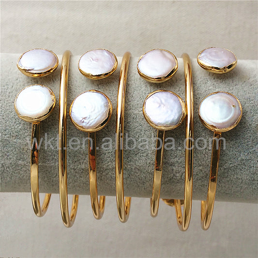 WT-B272 Amazing Elegant Pearl Shell Bracelet,Wholesale 24k Real Gold Plated Double Stone Round Pearl Shell Bracelet for Women