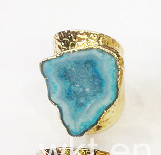 WT-R242 Fashion Design Trendy 24k Gold Plated Natural Druzy Geode Agate Ring Stone Ring