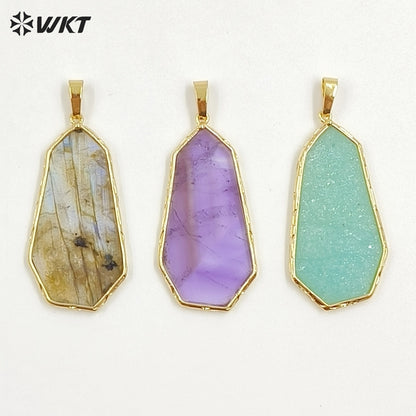 WT-P2127 Wholesale Gold Electroplated Natural Labradorite And Amazonite Stone Geometric Pendants For Lady Necklace Design