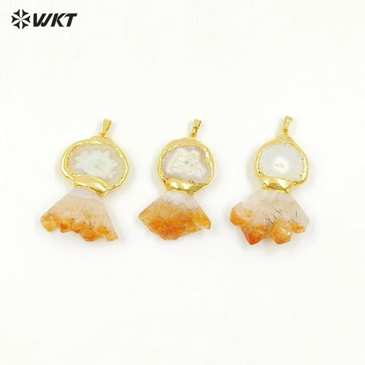WT-P2004 Wholesale Newest Style Energy Lucky Natural Stalactite and Yellow Citrine Stone Pendants with 18k Gold Plated