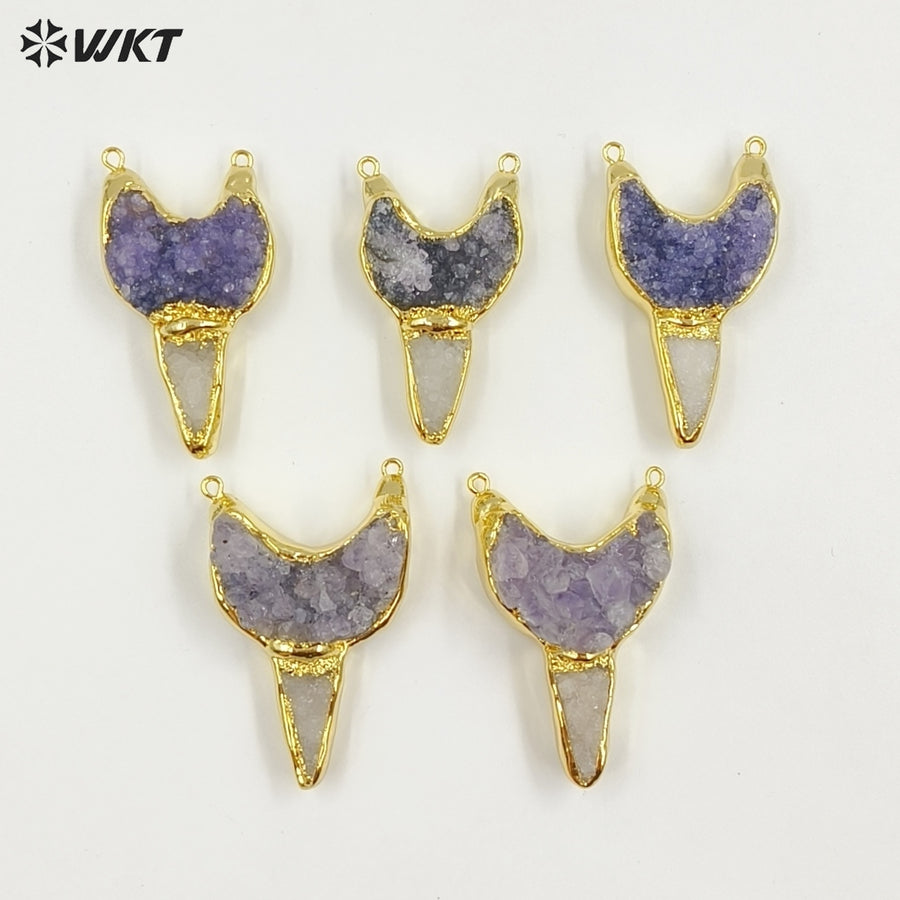 WT-P2062 New Arrival Gold Electroplated Natural Amethyst And Quartz Pendant With Double Hoops For Vintage Style Necklace Making