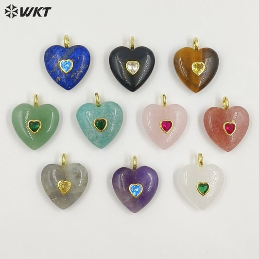 WT-P2059 Factory Wholesale Gold Zircon And Natural Gemstones Heart Shape Pendants As Girls Romantic Jewelry Decorations