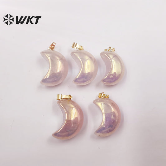 WT-P1826 WKT Newest Fashion Aura Rose Quartz Moon Stone Pendant Lady Small Size Natural pink Stone Moon Necklace Pendant